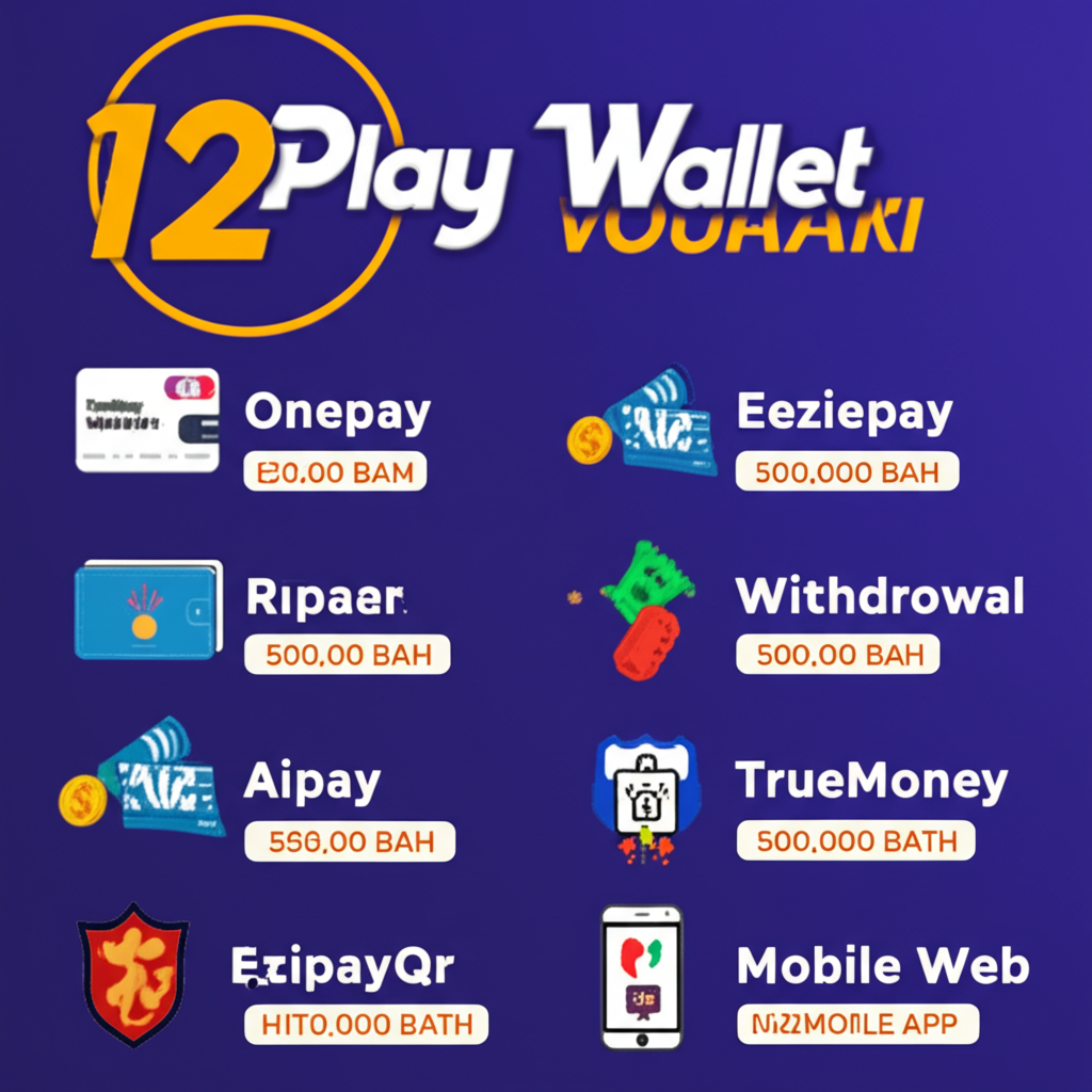 อินโฟกราฟิกแสดงฟีเจอร์ระบบ Wallet ของ 12Play เช่น ช่องทางฝากถอนหลากหลาย ยอดถอนสูงสุด 500,000 บาท และความปลอดภัย