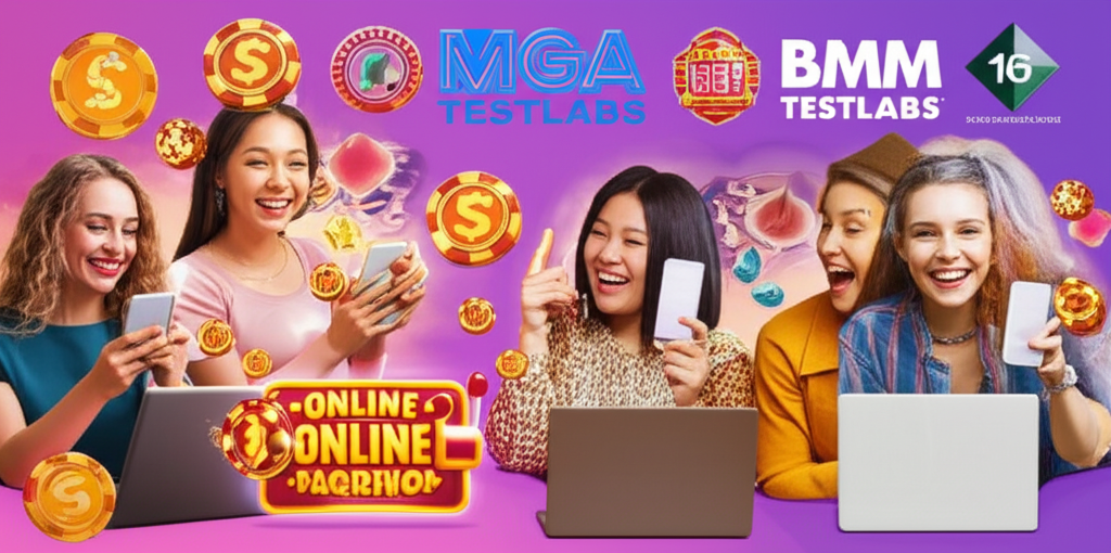 ภาพประกอบมือใหม่เล่นสล็อตออนไลน์อย่างมั่นใจในสภาพแวดล้อมที่ปลอดภัยและน่าเชื่อถือ พร้อมโลโก้ใบอนุญาต MGA และ BMM Testlabs