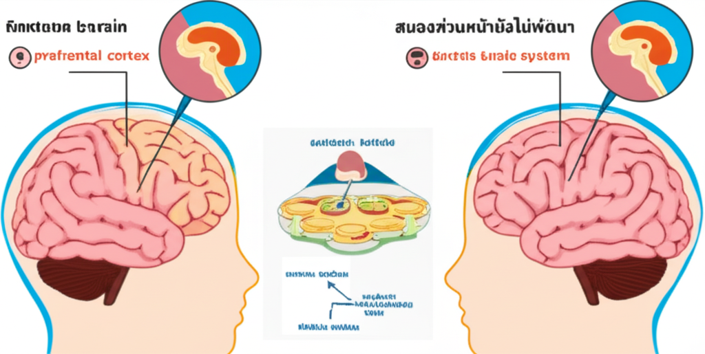 อินโฟกราฟิกเปรียบเทียบสมองวัยรุ่นและผู้ใหญ่ แสดงความแตกต่างของ prefrontal cortex และการควบคุมอารมณ์