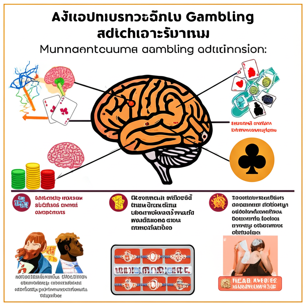 อินโฟกราฟิกแสดงกลไกสมองที่เกี่ยวข้องกับโรคติดการพนัน เช่น โดปามีนและ Near Miss Effect พร้อมคำอธิบายภาษาไทย