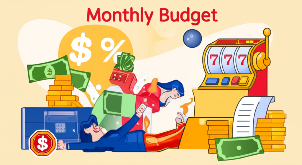 ภาพอินโฟกราฟิกมืออาชีพแสดงการคำนวณวงเงินเล่นสล็อตตามรายได้รายเดือน พร้อมสัญลักษณ์การพนันอย่างรับผิดชอบและความน่าเชื่อถือ