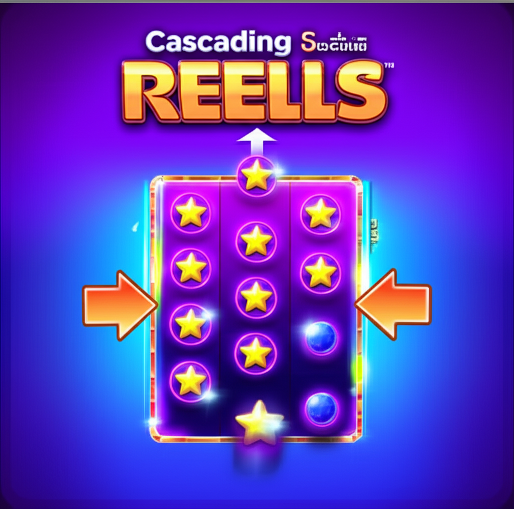 อินโฟกราฟิกแสดงฟีเจอร์ Cascading Reels ในเกมสล็อต PG SLOT โดยสัญลักษณ์ที่ชนะจะหายไปและสัญลักษณ์ใหม่ตกลงมาแทนที่
