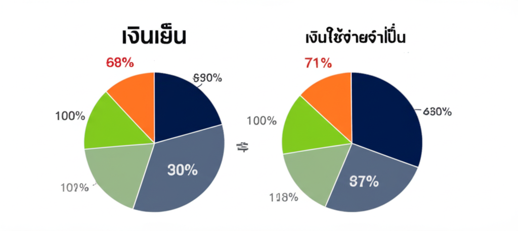 อินโฟกราฟิกแสดงการแบ่งสัดส่วนเงินเย็นและเงินใช้จ่ายจำเป็นสำหรับเล่นสล็อตออนไลน์
