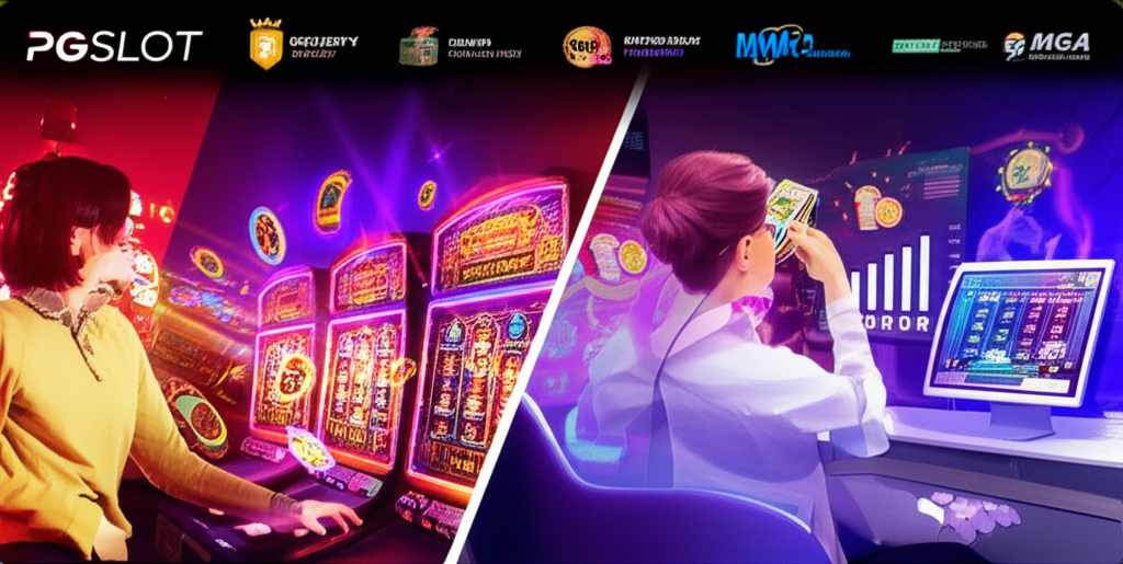 ภาพเปรียบเทียบการเล่นสล็อตเพื่อความบันเทิงและเพื่อทำเงิน แสดงผู้เล่นสองแบบ พร้อมสัญลักษณ์ความน่าเชื่อถือและการพนันอย่างรับผิดชอบ