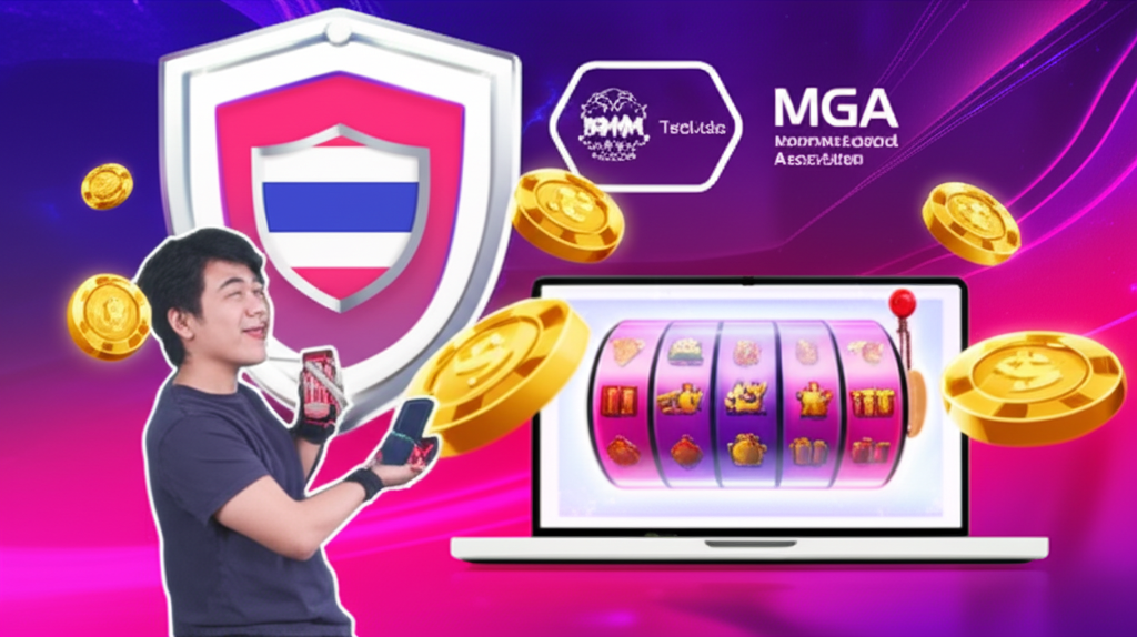ภาพประกอบผู้เล่นชาวไทยกำลังเล่นเกมสล็อตออนไลน์อย่างมั่นใจ พร้อมสัญลักษณ์ความปลอดภัยและใบอนุญาตการพนันระหว่างประเทศ