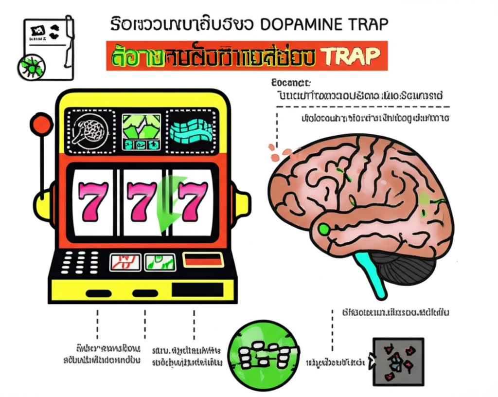 อินโฟกราฟิกแสดงกลไก dopamine trap ในสมองขณะเล่นสล็อตออนไลน์