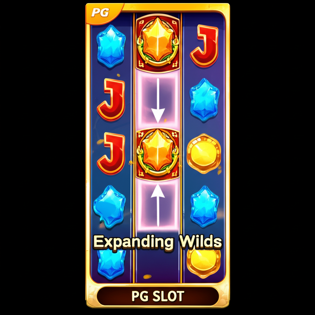 อินโฟกราฟิกอธิบายฟีเจอร์ Expanding Wilds ในเกมสล็อต PG SLOT แสดงสัญลักษณ์ไวลด์ขยายตัวบนวงล้อ