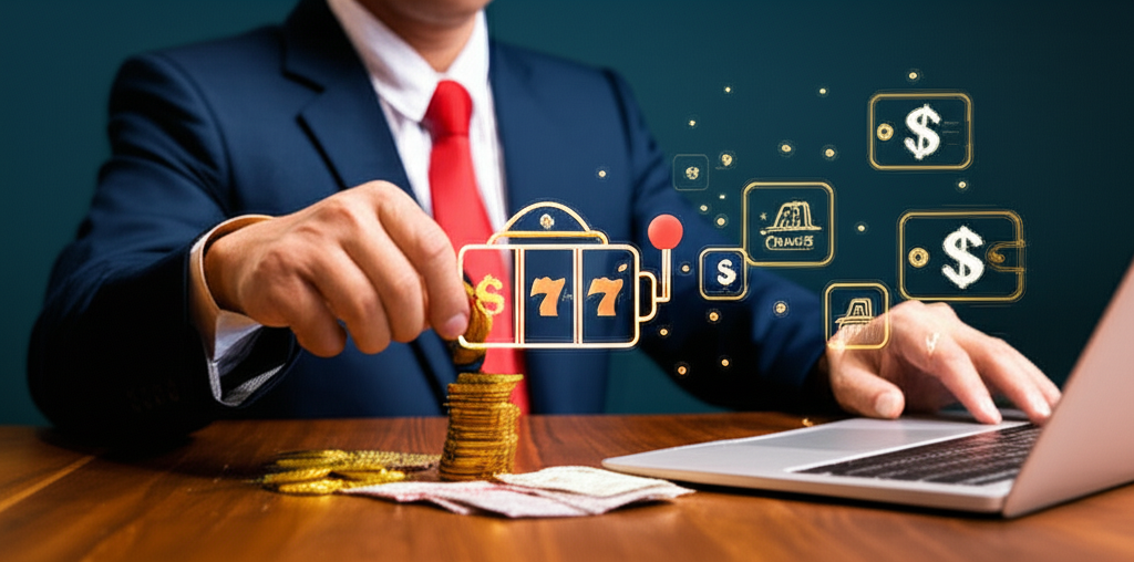 ภาพแนวคิดวินัยทางการเงินสำหรับนักเล่นสล็อตออนไลน์ แสดงการแยกเงินเล่นสล็อตออกจากเงินใช้จ่ายจำเป็น พร้อมสัญลักษณ์กระเป๋าเงินดิจิทัลและเกมสล็อต