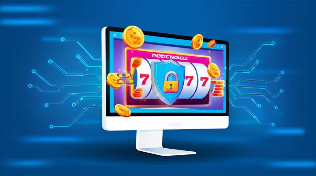 ภาพประกอบแสดงการบล็อกเกมสล็อตออนไลน์โดย Firewall บนหน้าจอคอมพิวเตอร์ พร้อมสัญลักษณ์ความปลอดภัยเครือข่าย