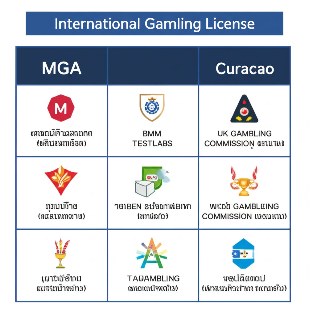 ตารางเปรียบเทียบใบอนุญาตการพนันระหว่างประเทศ เช่น MGA, BMM Testlabs, UK Gambling Commission และ Curacao