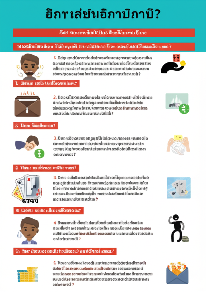 อินโฟกราฟิกแสดง 20 ข้อคำถามแบบทดสอบเช็คความเสี่ยงติดการพนัน พร้อมไอคอนประกอบคำถาม