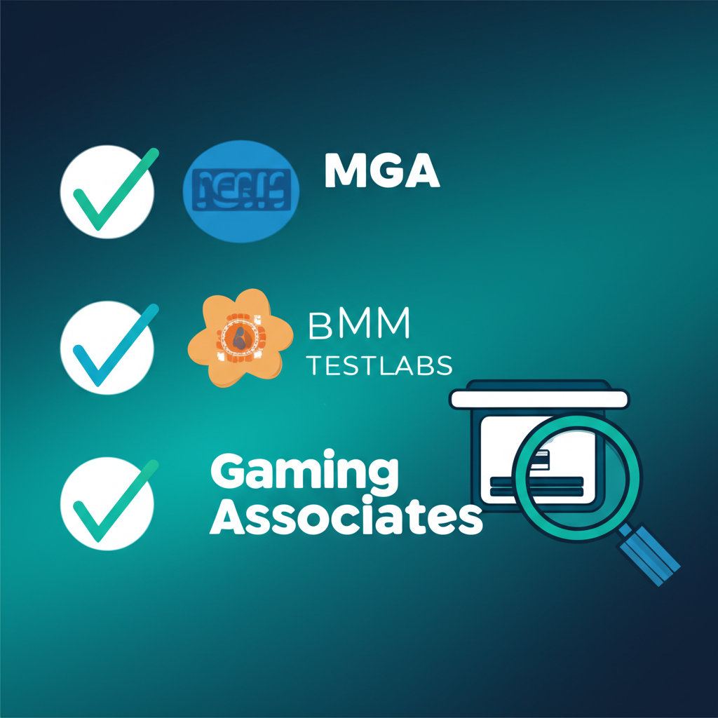 โลโก้ใบอนุญาต MGA, BMM Testlabs, Gaming Associates พร้อมสัญลักษณ์ความปลอดภัยและการตรวจสอบใบอนุญาต