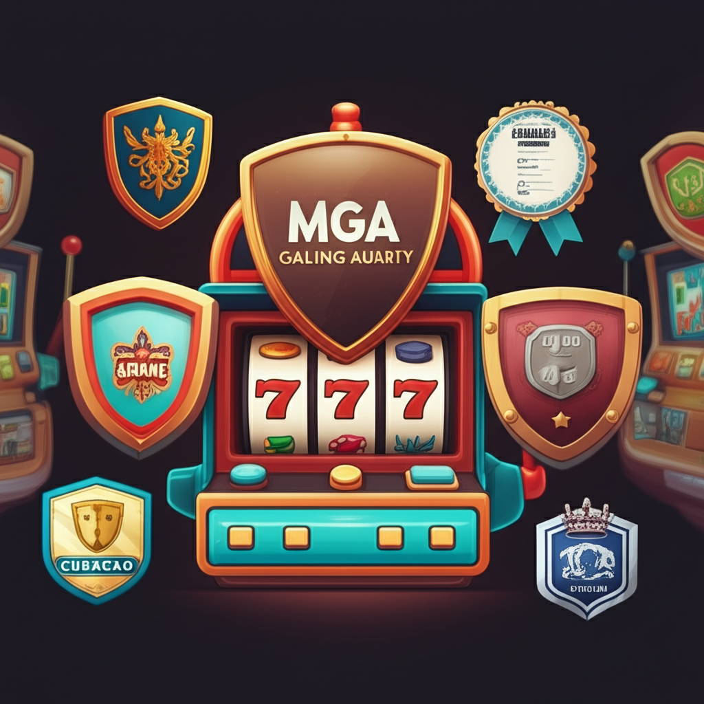 ภาพใบอนุญาตการพนันออนไลน์ระหว่างประเทศ เช่น MGA, UKGC พร้อมสัญลักษณ์ความปลอดภัยและการตรวจสอบใบอนุญาต