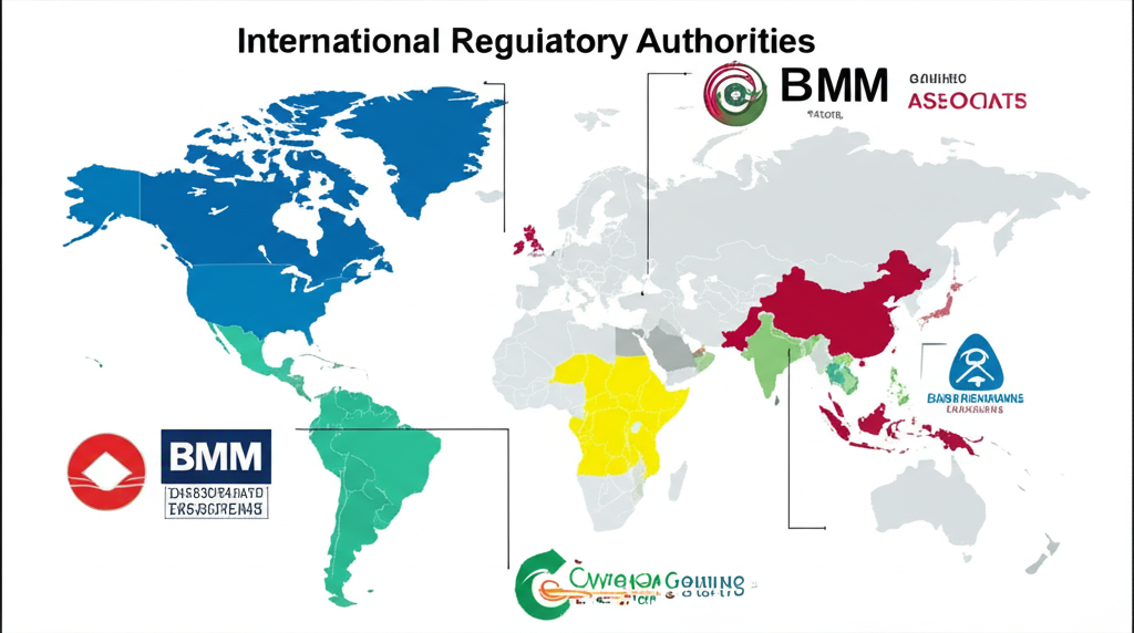โลโก้หน่วยงานกำกับดูแลการพนันระหว่างประเทศ เช่น MGA, BMM Testlabs, Gaming Associates พร้อมแผนที่แสดงเขตอำนาจ