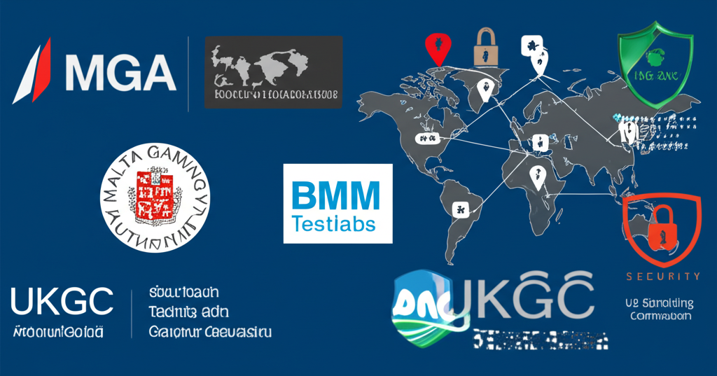 ภาพแสดงองค์กรรับรองและใบอนุญาตสำคัญในวงการเว็บสล็อต เช่น MGA, BMM Testlabs, Gaming Associates และ UKGC