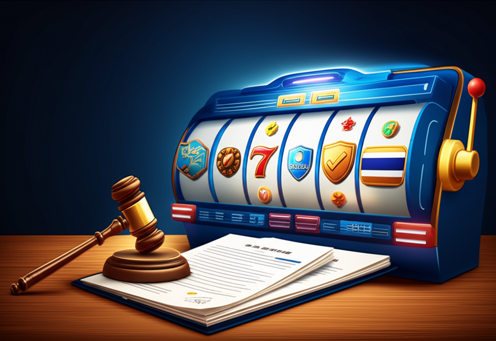 ภาพประกอบการปฏิรูปกฎหมายการพนันออนไลน์ปี 2025 แสดงกฎหมาย ใบอนุญาต และเกมสล็อตดิจิทัล