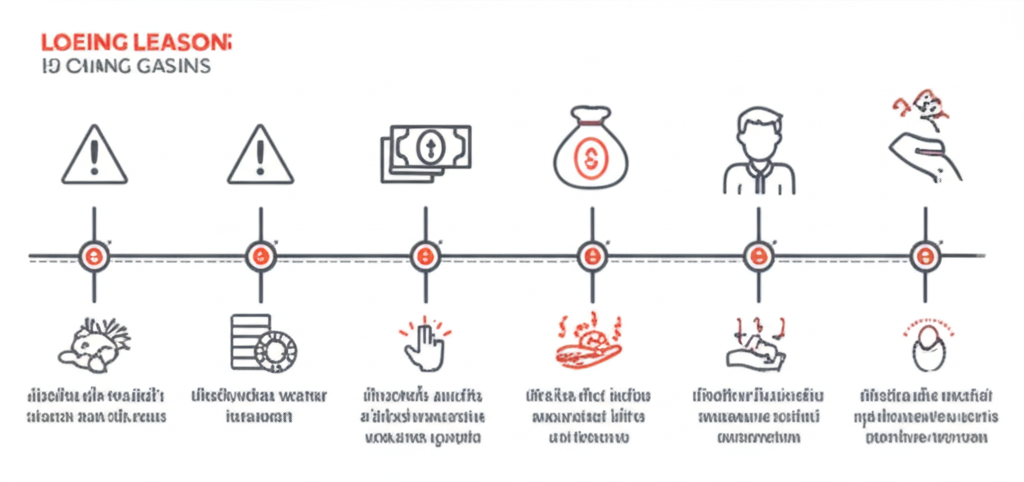 อินโฟกราฟิกแสดงบทเรียนจากประสบการณ์เสียเงินเล่นสล็อต พร้อมสัญลักษณ์เตือนใจและขั้นตอนการฟื้นฟู