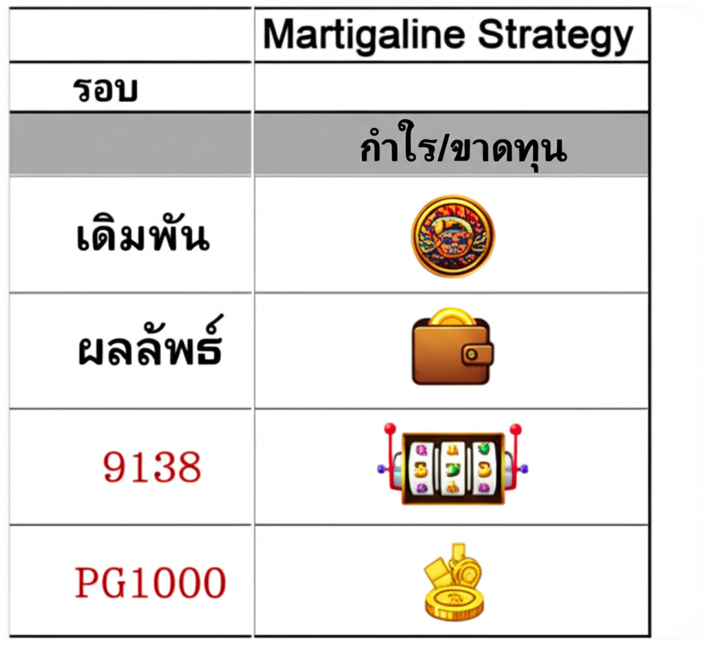 ตารางตัวอย่างการเล่น Martingale Strategy ในสล็อต PG แสดงการเพิ่มเงินเดิมพันและผลกำไรในแต่ละรอบ
