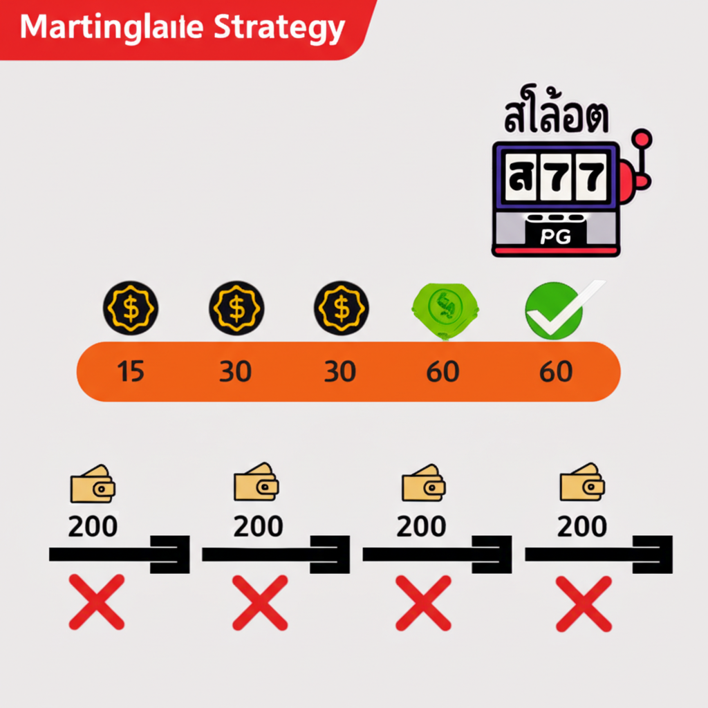 อินโฟกราฟิกแสดงขั้นตอนการใช้กลยุทธ์ Martingale ในสล็อต PG โดยเพิ่มเงินเดิมพันเป็นสองเท่าหลังจากเสีย