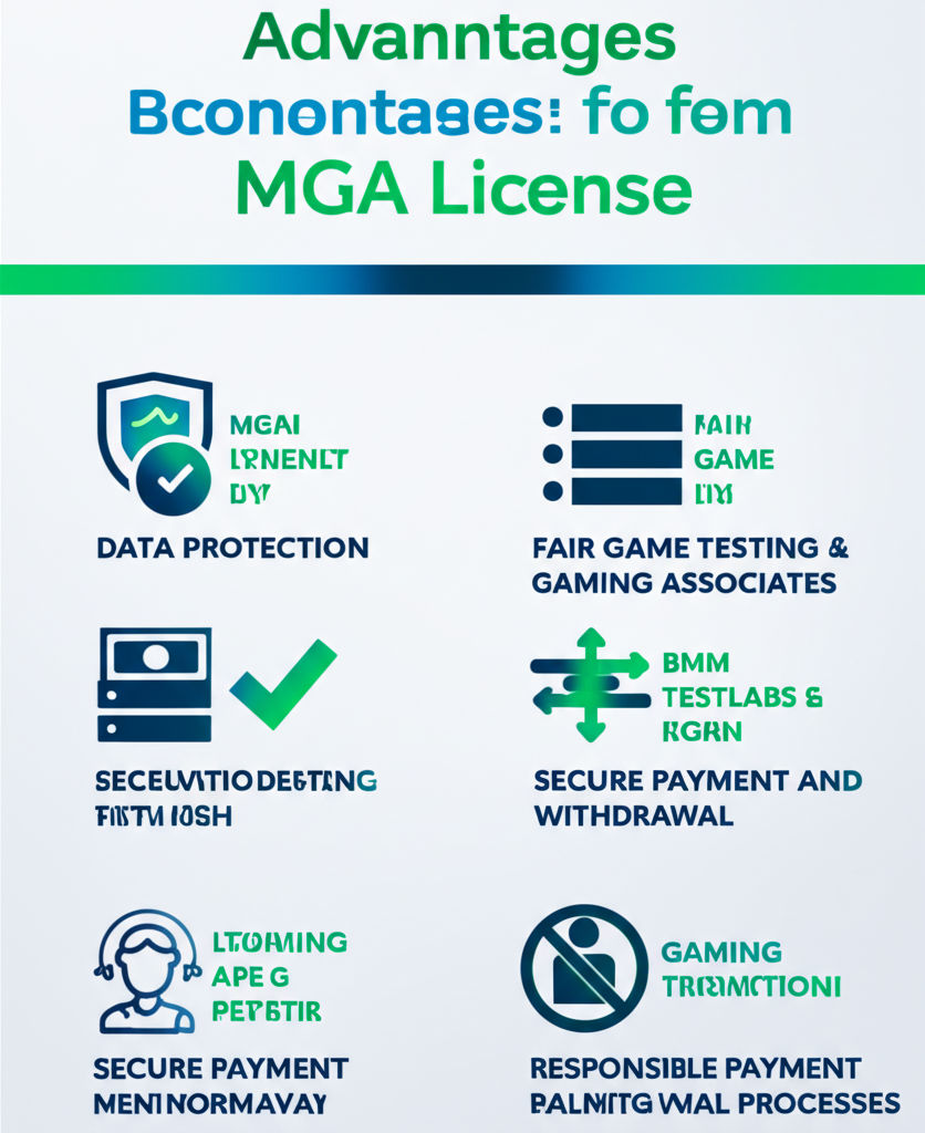 อินโฟกราฟิกแสดงประโยชน์ของใบอนุญาต MGA เช่น การคุ้มครองข้อมูล เกมยุติธรรม และการถอนเงินที่ปลอดภัย