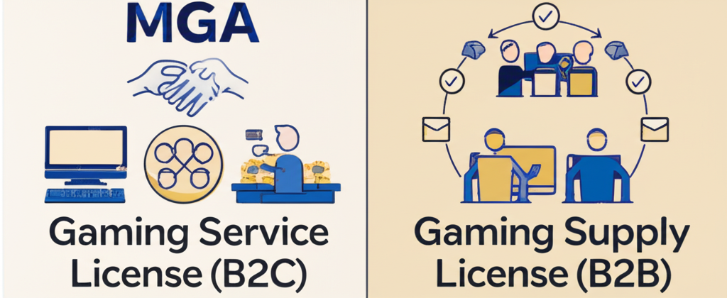ตารางเปรียบเทียบประเภทใบอนุญาต MGA ระหว่าง Gaming Service License และ Gaming Supply License พร้อมข้อกำหนดสำคัญ