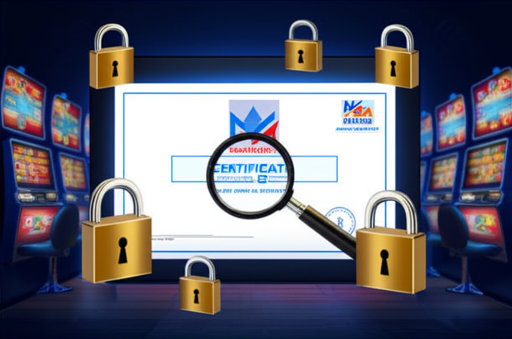 ภาพใบอนุญาต MGA พร้อมสัญลักษณ์ความปลอดภัยและเว็บไซต์สล็อตออนไลน์ที่น่าเชื่อถือ