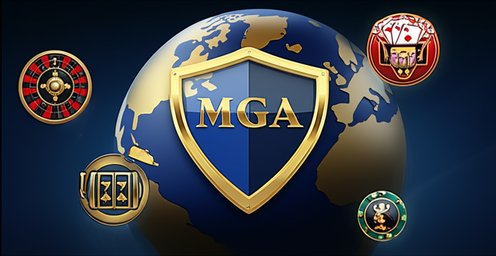 ภาพประกอบแสดง Malta Gaming Authority (MGA) หน่วยงานออกใบอนุญาตการพนันระดับสากล พร้อมสัญลักษณ์ความปลอดภัยและเกมสล็อตออนไลน์