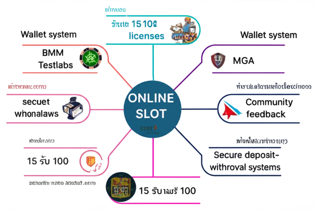 แผนผัง Mind Map การเชื่อมโยงข้อมูลใบอนุญาต โปรโมชั่น ระบบ Wallet และ community feedback สำหรับเว็บสล็อต