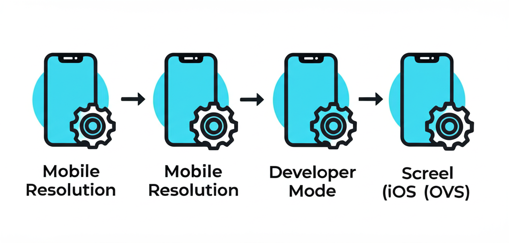 ภาพอินโฟกราฟิกแสดงขั้นตอนการตั้งค่าความละเอียดหน้าจอมือถือและเปิดโหมดนักพัฒนาซอฟต์แวร์เพื่อเพิ่มประสิทธิภาพการเล่นเกมสล็อต