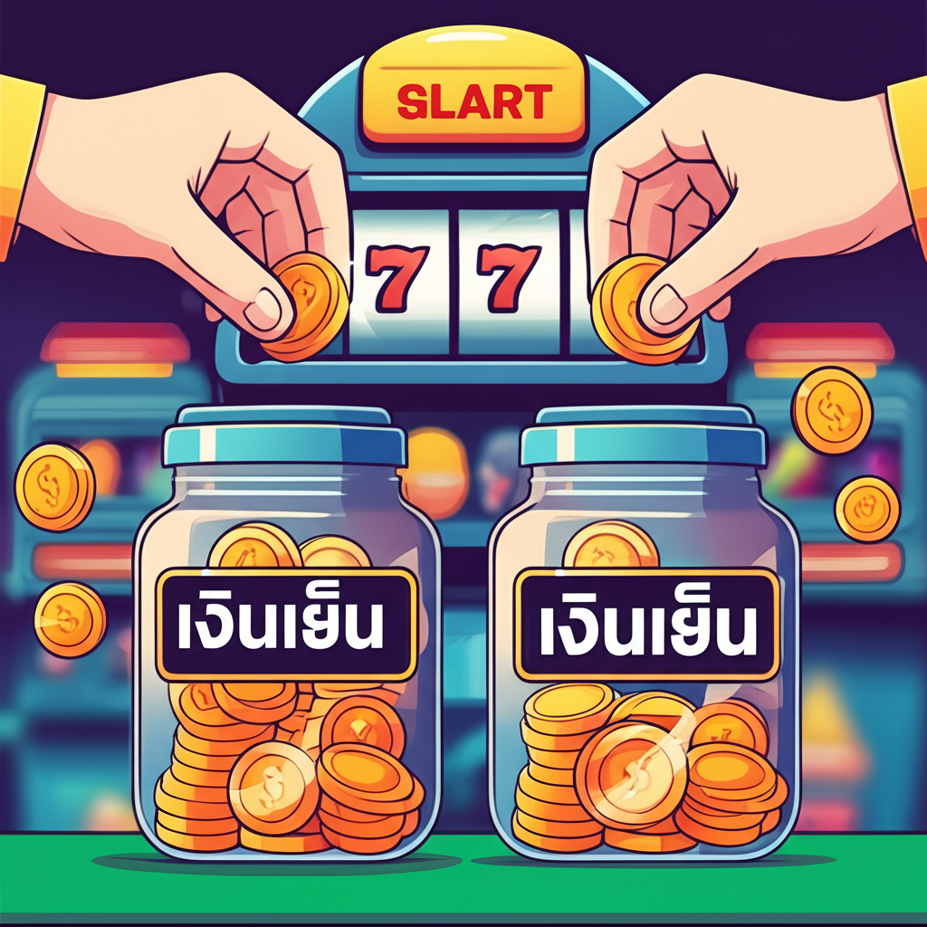 ภาพประกอบการแยกเงินเล่นสล็อตออกจากเงินใช้จ่ายจำเป็น โดยแสดงการจัดการเงินอย่างชัดเจนและมีความรับผิดชอบ พร้อมภาพสล็อตและกราฟการเงิน