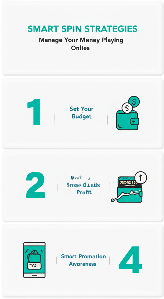 อินโฟกราฟิกแสดงกลยุทธ์การจัดการเงินสำหรับนักเล่นสล็อตออนไลน์ เช่น การตั้งงบประมาณ การกำหนดเป้าหมายกำไรและขาดทุน และการใช้ระบบ Wallet ที่ปลอดภัย
