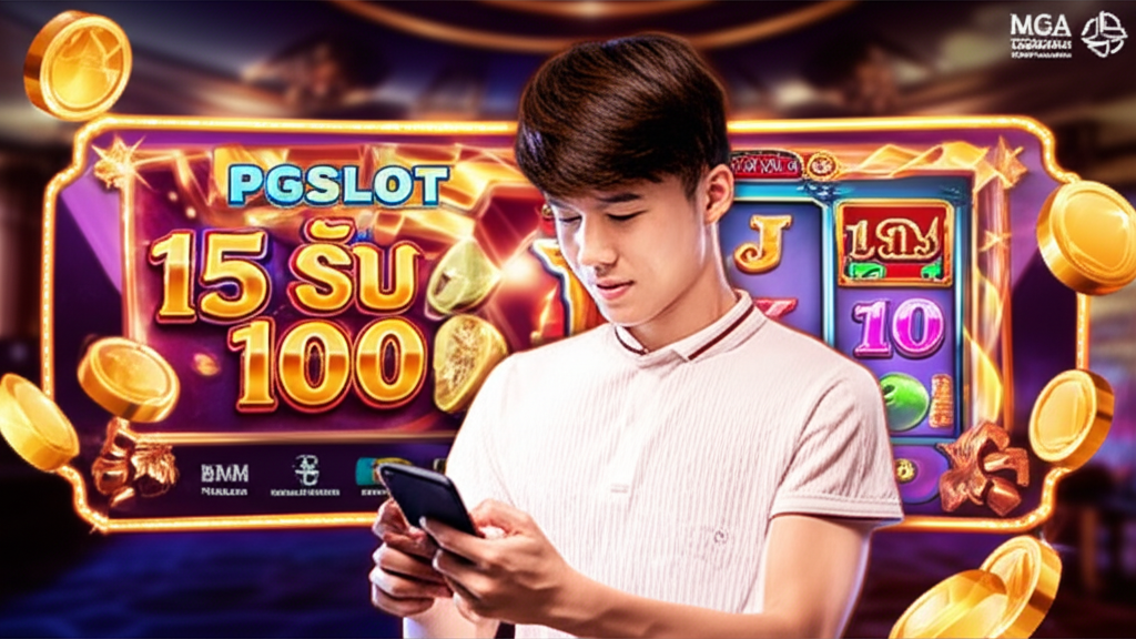 ภาพผู้เล่นชาวไทยกำลังเล่นเกมสล็อตออนไลน์ PGSLOT บนมือถือ พร้อมแบนเนอร์โปรโมชั่น 15 รับ 100 เน้นความน่าเชื่อถือและความปลอดภัย