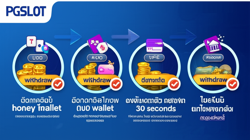แผนภาพขั้นตอนการถอนเงินอัตโนมัติ 30 วินาทีของ PGSLOT แสดงขั้นตอนการถอนเงินผ่านธนาคารและ True Wallet