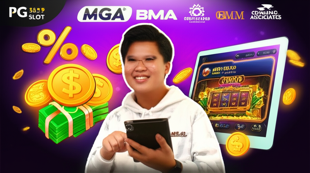 มือใหม่เล่นสล็อต PG กำลังคำนวณสูตรเบทตามทุน พร้อมโลโก้ใบอนุญาต MGA และ BMM Testlabs แสดงความน่าเชื่อถือของแพลตฟอร์ม