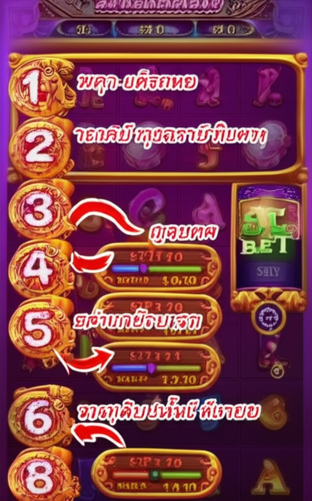 ภาพหน้าจอการตั้งค่า Bet Level และ Coin Value ในเกมสล็อต PG พร้อมคำอธิบายขั้นตอนการตั้งค่า