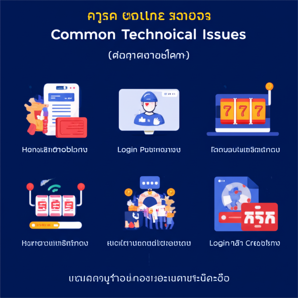 อินโฟกราฟิกแสดงปัญหาทางเทคนิคที่พบบ่อยในเกมสล็อตออนไลน์และวิธีแยกแยะเมื่อควรติดต่อฝ่ายสนับสนุน