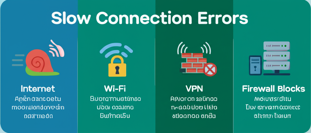 อินโฟกราฟิกแสดงสาเหตุหลักของปัญหา Connection Error ในเกมสล็อต PG เช่น เน็ตช้า VPN และไฟร์วอลล์