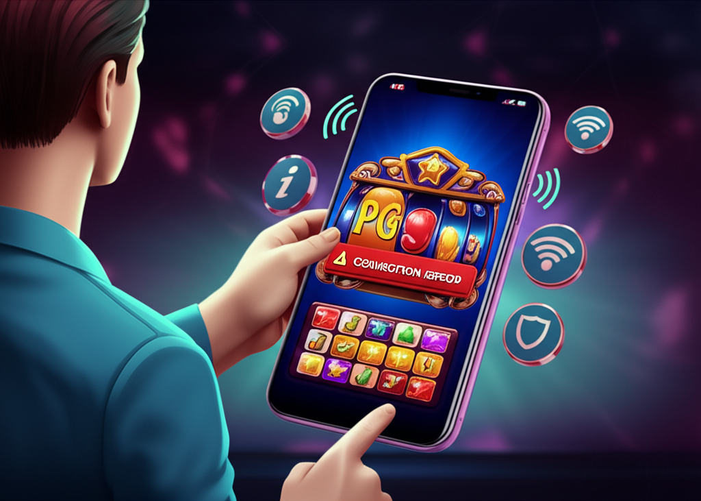 ภาพประกอบผู้เล่นเกมสล็อต PG บนมือถือพร้อมข้อความแจ้งเตือน Connection Error และสัญลักษณ์เครือข่าย เพื่อแสดงปัญหาและวิธีแก้ไขในเกมสล็อตออนไลน์