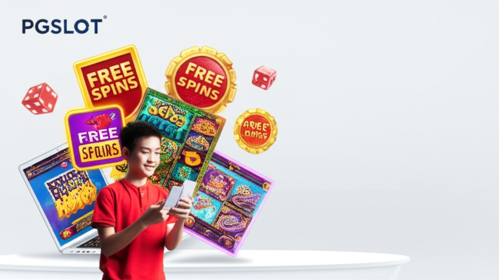 ผู้เล่นมือใหม่กำลังทดลองเล่น PG Slot ฟรีบนมือถือและคอมพิวเตอร์ พร้อมสัญลักษณ์ฟรีสปินและความน่าเชื่อถือของเว็บไซต์ PGSLOT