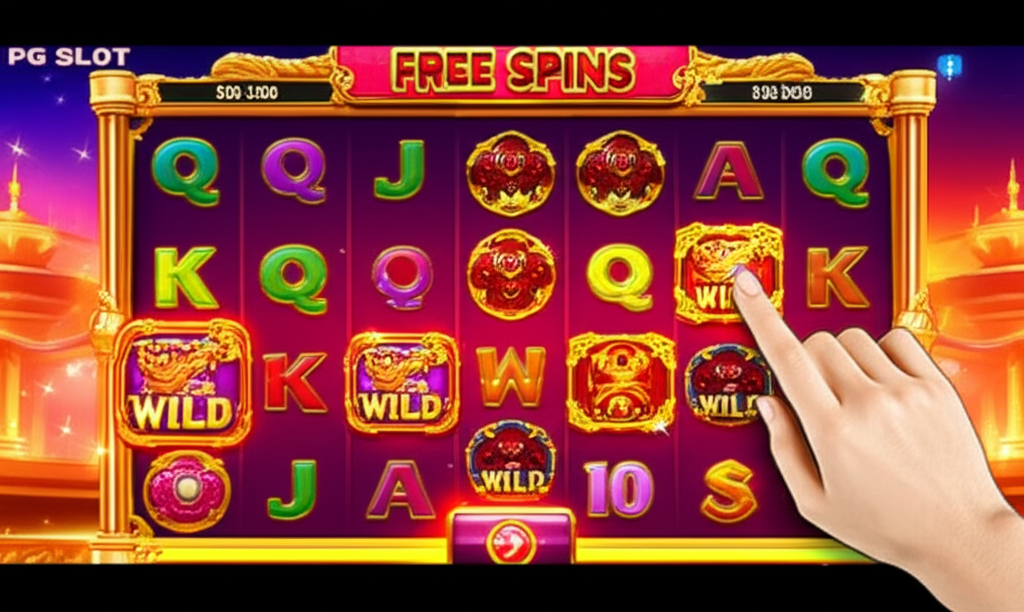 หน้าจอเกม PG Slot แสดงฟีเจอร์ฟรีสปินและการซื้อฟรีสปินในโหมดทดลองเล่น พร้อมสัญลักษณ์ Wild และ Scatter