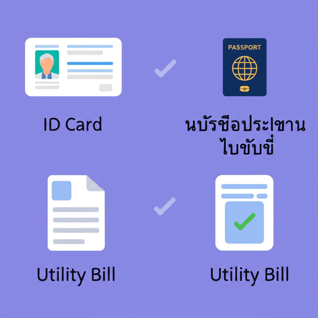 เอกสารที่ต้องเตรียมสำหรับการยืนยันตัวตน PGSLOT เช่น บัตรประชาชน หนังสือเดินทาง ใบขับขี่ และใบแจ้งหนี้