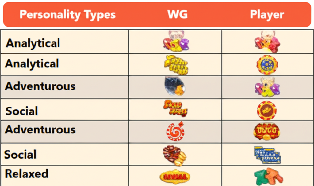 ตารางจับคู่บุคลิกภาพผู้เล่นกับเกมสล็อต PG ที่แนะนำตามฟีเจอร์เกม