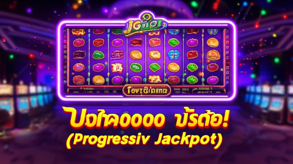 ภาพเครื่องสล็อตโปรเกรสซีฟแจ็คพอต PG SLOT พร้อมเงินรางวัลแจ็คพอตขนาดใหญ่และแสงไฟฉลอง