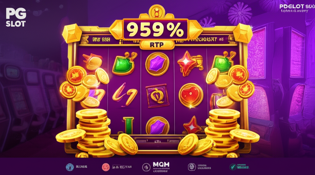 ภาพเครื่องสล็อตแจ็คพอตโปรเกรสซีฟ PG slot พร้อมแสดงเปอร์เซ็นต์ RTP สูงและสัญลักษณ์ความน่าเชื่อถือจาก MGA, BMM Testlabs, Gaming Associates