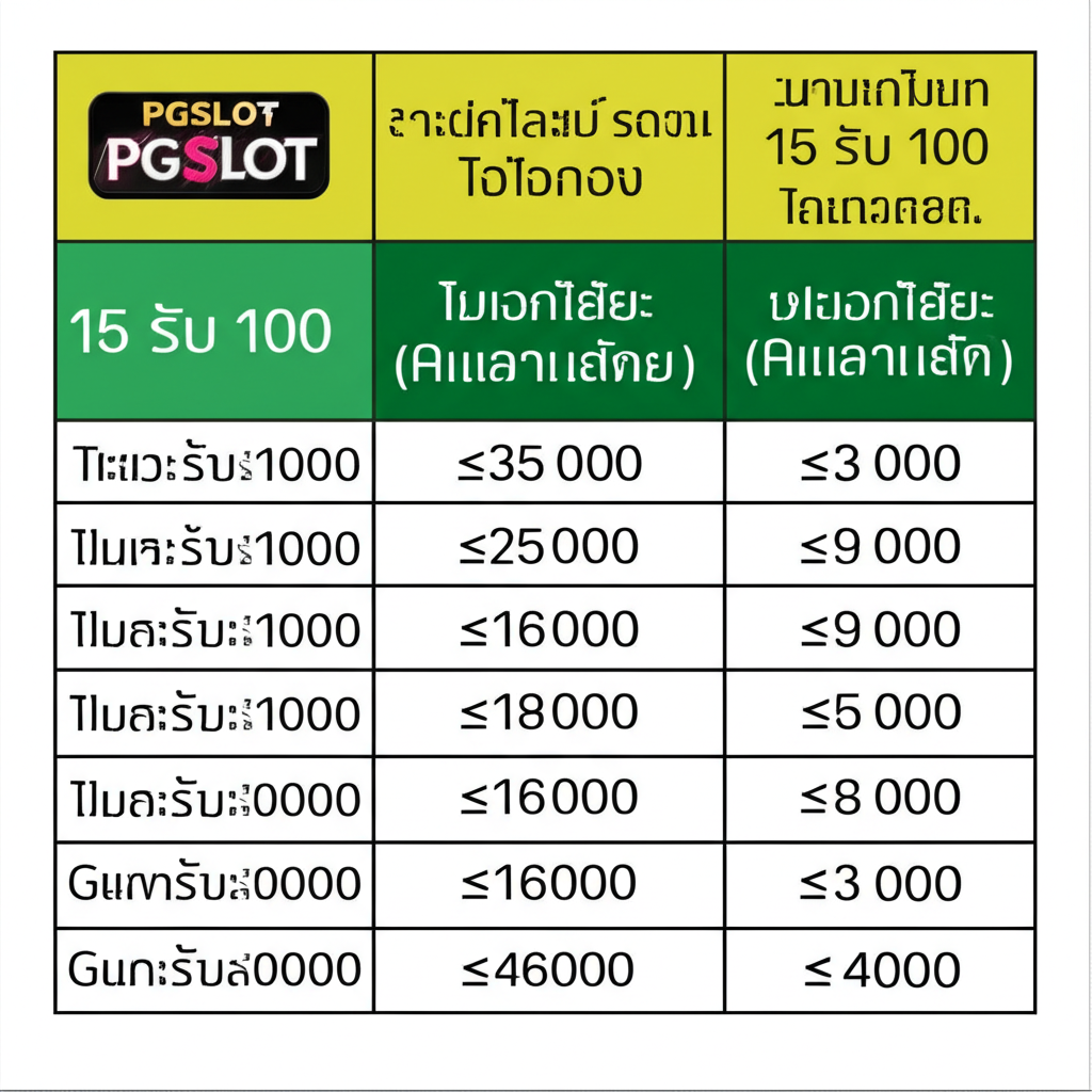 ตารางเปรียบเทียบโปรโมชั่น 15 รับ 100 ของ PGSLOT พร้อมเงื่อนไขเทิร์นโอเวอร์และการถอนเงิน