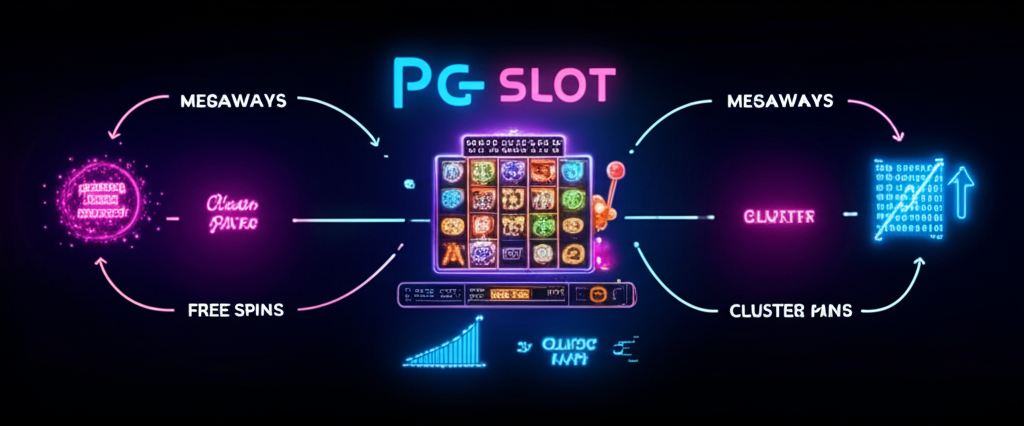 แผนภาพแสดงกลไกการทำงานของระบบ RNG และจังหวะการจ่ายรางวัลใน PG Slot พร้อมฟีเจอร์เกมที่ช่วยเพิ่มโอกาสชนะ