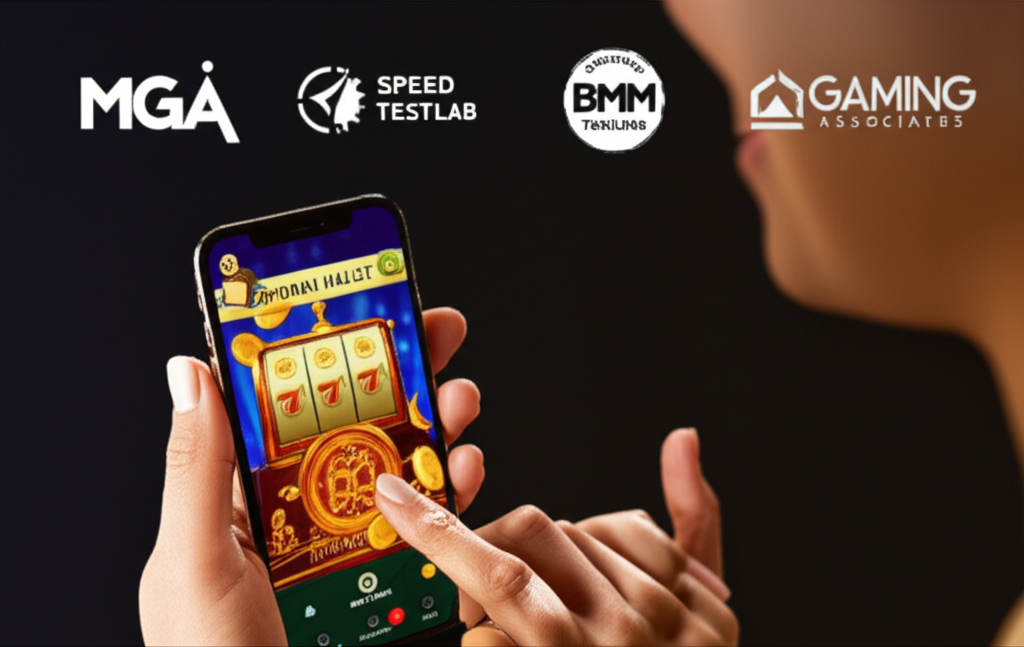 ภาพผู้เล่นสล็อตออนไลน์ถอนเงินได้อย่างรวดเร็วและปลอดภัย พร้อมสัญลักษณ์ใบอนุญาต MGA และ BMM Testlabs
