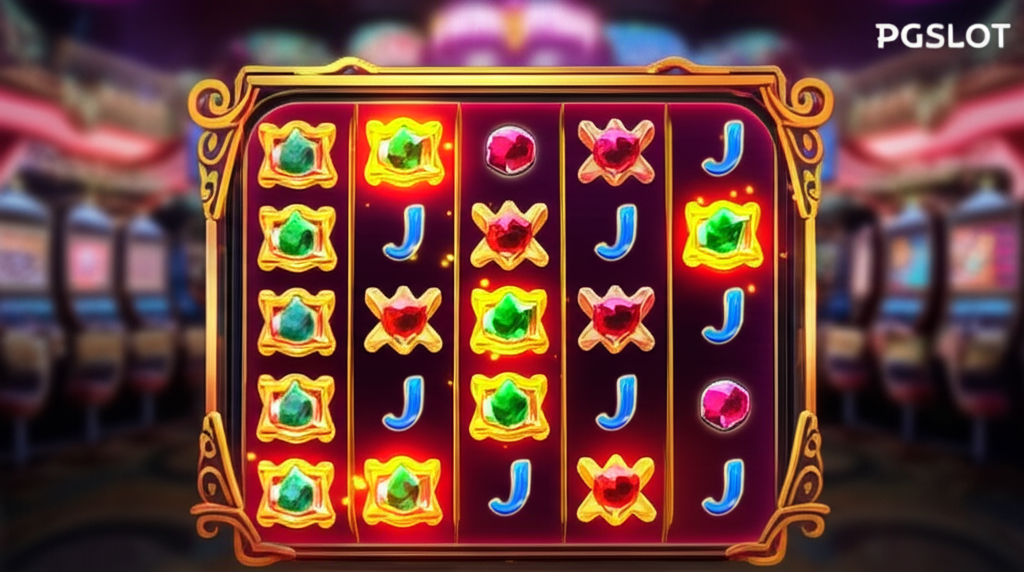 ภาพประกอบสัญลักษณ์พิเศษในเกมสล็อต PG SLOT ได้แก่ Expanding Wilds, Sticky Wilds และ Cascading Reels พร้อมบรรยากาศคาสิโนที่น่าเชื่อถือ
