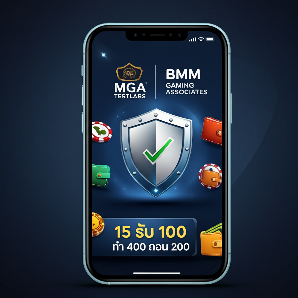 ภาพแสดงความน่าเชื่อถือของเว็บไซต์สล็อตออนไลน์บนมือถือ พร้อมโลโก้ใบอนุญาต MGA, BMM Testlabs และโปรโมชั่น 15 รับ 100 ทํา 400 ถอน 200 และระบบ Wallet ที่รวดเร็วและปลอดภัย