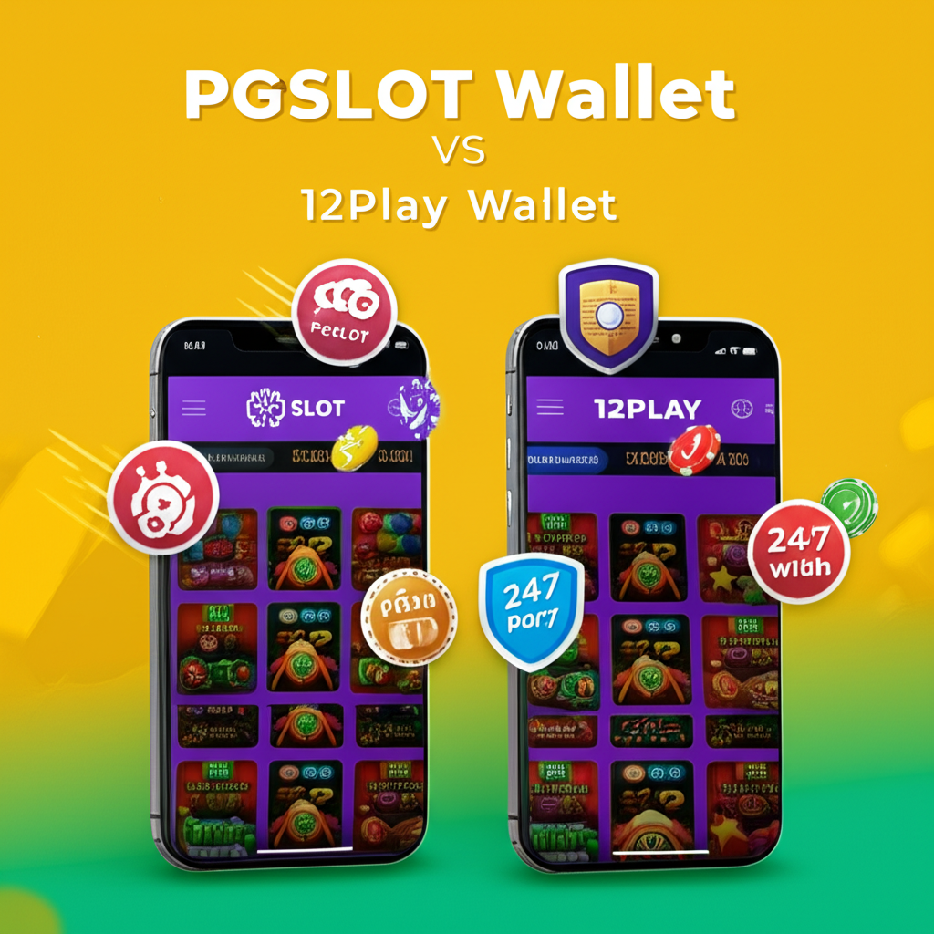 ภาพเปรียบเทียบระบบ Wallet ของ PGSLOT และ 12Play แสดงหน้าจอมือถือพร้อมไอคอนบริการลูกค้า 24 ชั่วโมง ความปลอดภัย และโปรโมชั่น